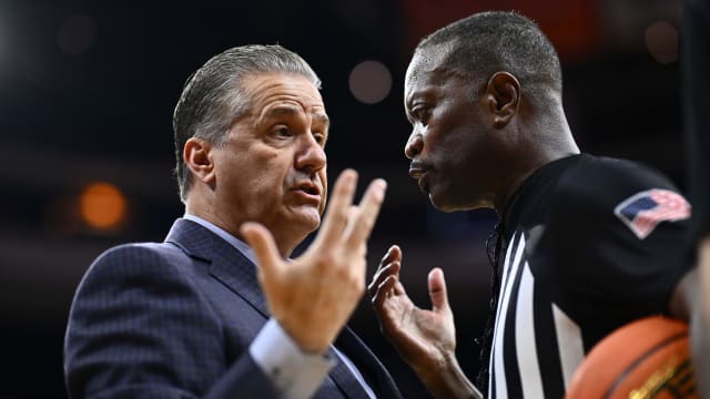 Dec 9, 2023; Philadelphia, Pennsylvania, USA; Kentucky Wildcats head coach John Calipari reacts to a referee against the Penn Quakers in the first half at Wells Fargo Center. Mandatory Credit: Kyle Ross-USA TODAY Sports